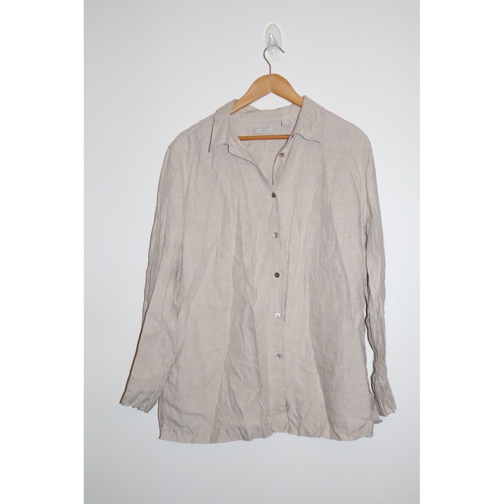 Kate Hill 100% Linen Button Down Shirt Oatmeal Beige Long Sleeve Plus Size 2X